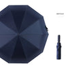 A dark blue automatic foldable umbrella with a closed canopy and the handle visible.