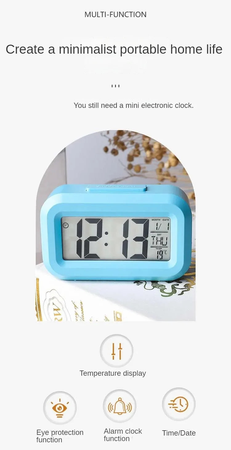 A light blue compact LED digital clock displaying 12:13, featuring a temperature display and alarm functions.