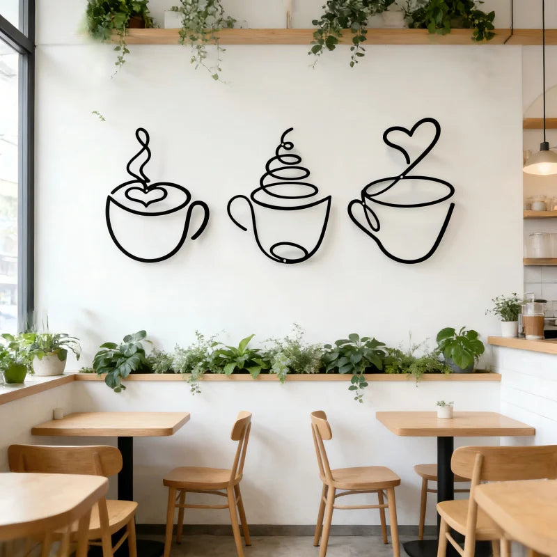 A set of three black iron art coffee cup wall decor pieces displayed on a white wall above wooden tables.