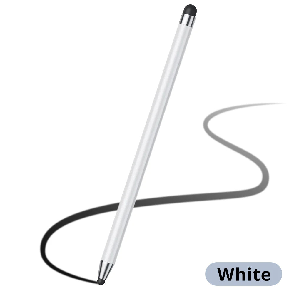 A white precision dual-tip capacitive stylus is shown with a curved line beneath it.