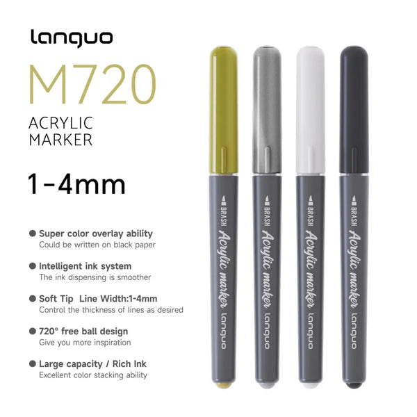 A set of five Languo M720 acrylic marker pens in various colors shown vertically.