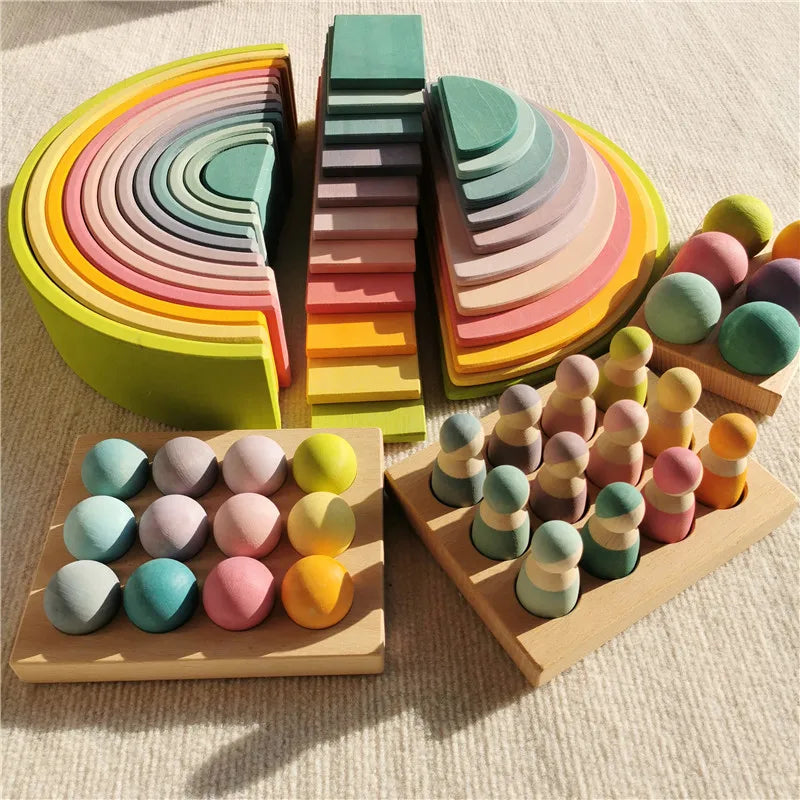 Rainbow Stacking Blocks & Peg Dolls Set – Natural Wooden Toy