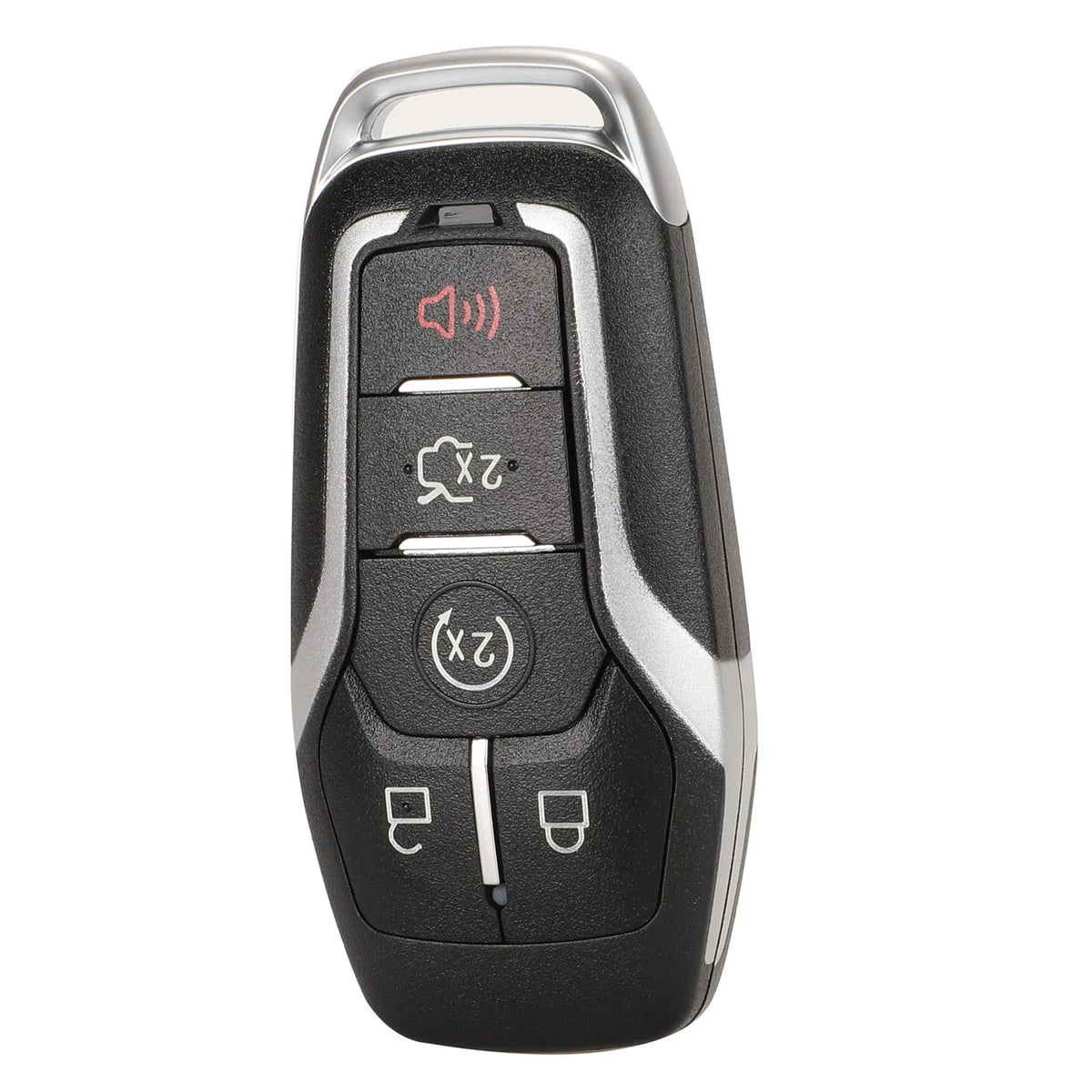 A black and silver Ford Smart Key replacement shell with various buttons and a blade visible.