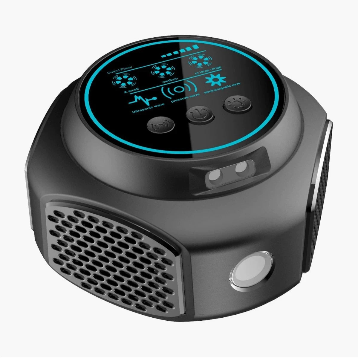 A black ultrasonic pest repeller device with a digital display and control buttons.