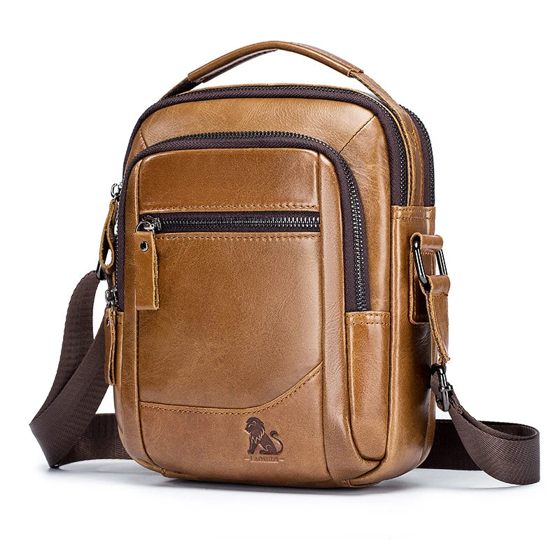 A brown genuine leather crossbody shoulder bag with a flap and adjustable strap.