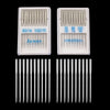A collection of stainless steel sewing machine needles packaged in plastic trays for denim and jeans.