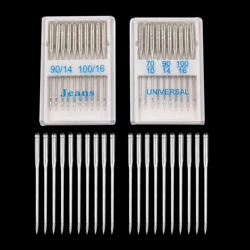 A collection of stainless steel sewing machine needles packaged in plastic trays for denim and jeans.