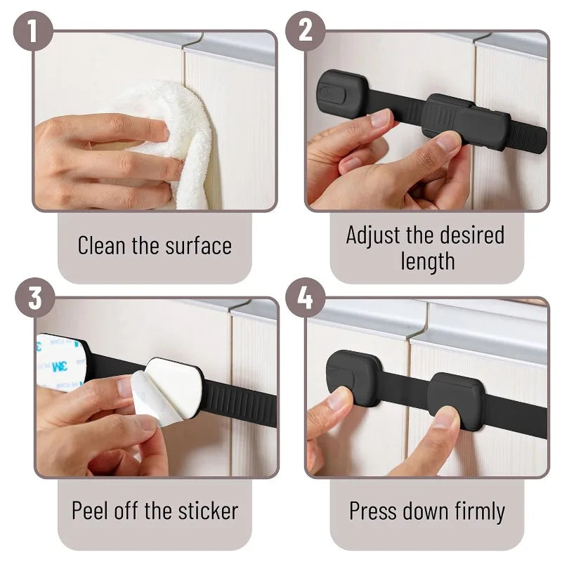 Child Safety Cabinet Locks – Adhesive Baby Proofing Straps for Drawers, Fridges, Toilets & More