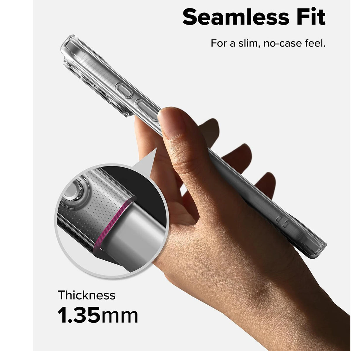 A hand is demonstrating a seamless fit of an ultra-thin clear shockproof silicone phone case on a smartphone.