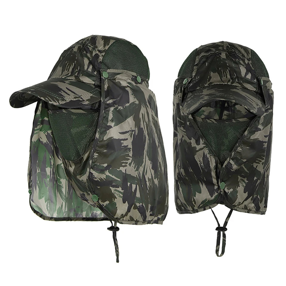 A camouflage sun hat with a wide brim and mesh lining shown in a folded state.