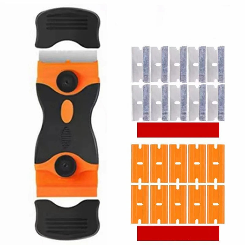 A multi-purpose razor blade scraper tool shown with black and orange components.
