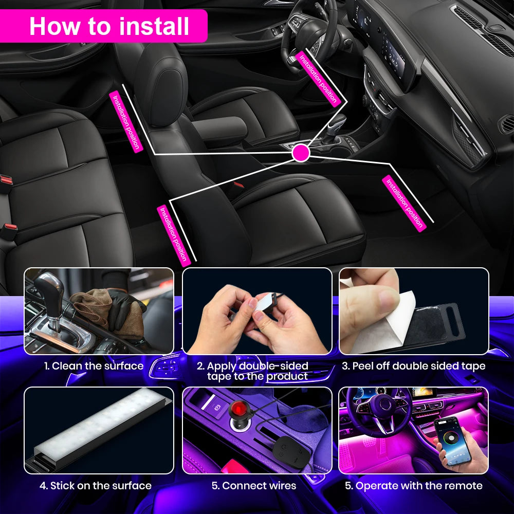 Instructions for installing a Smart Sync RGB Car Interior Light Bar with Music Mode, showing steps like cleaning and connecti