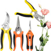 A set of three stainless steel garden pruning shears in yellow and black handles with safety locks.