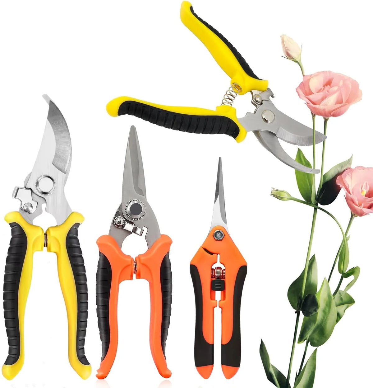 A set of three stainless steel garden pruning shears in yellow and black handles with safety locks.