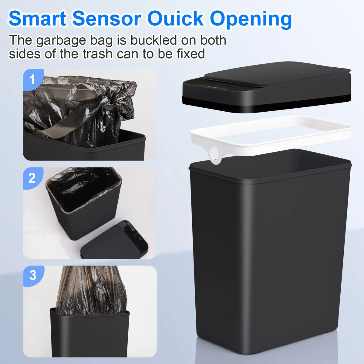 A black slim touchless trash can with a lid and a removable bag, showing how to fix the bag.