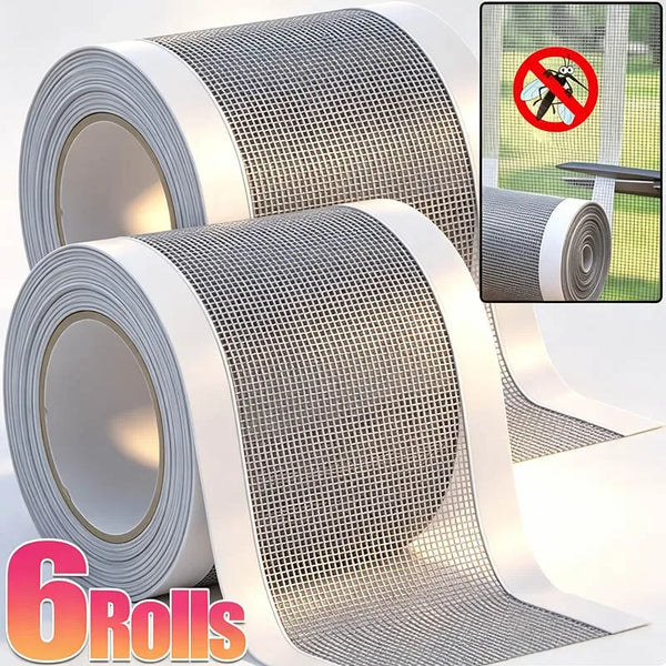 Six rolls of window screen repair tape with a mesh patch and adhesive backing shown in various angles.