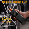 A hand holds a portable digital tire inflator device near a car wheel, demonstrating its use for rapid inflation.