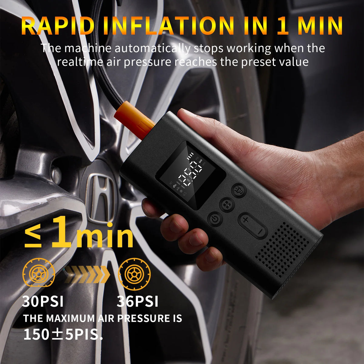 A hand holds a portable digital tire inflator device near a car wheel, demonstrating its use for rapid inflation.
