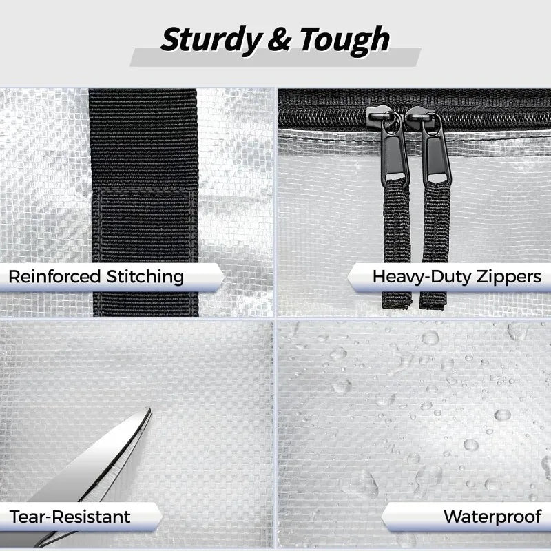 Close-up view of a sturdy, waterproof bag featuring reinforced stitching, heavy-duty zippers, tear-resistant material, and cl