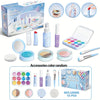 A collection of pretend play makeup kits and accessories including various colored cosmetics and tools for kids