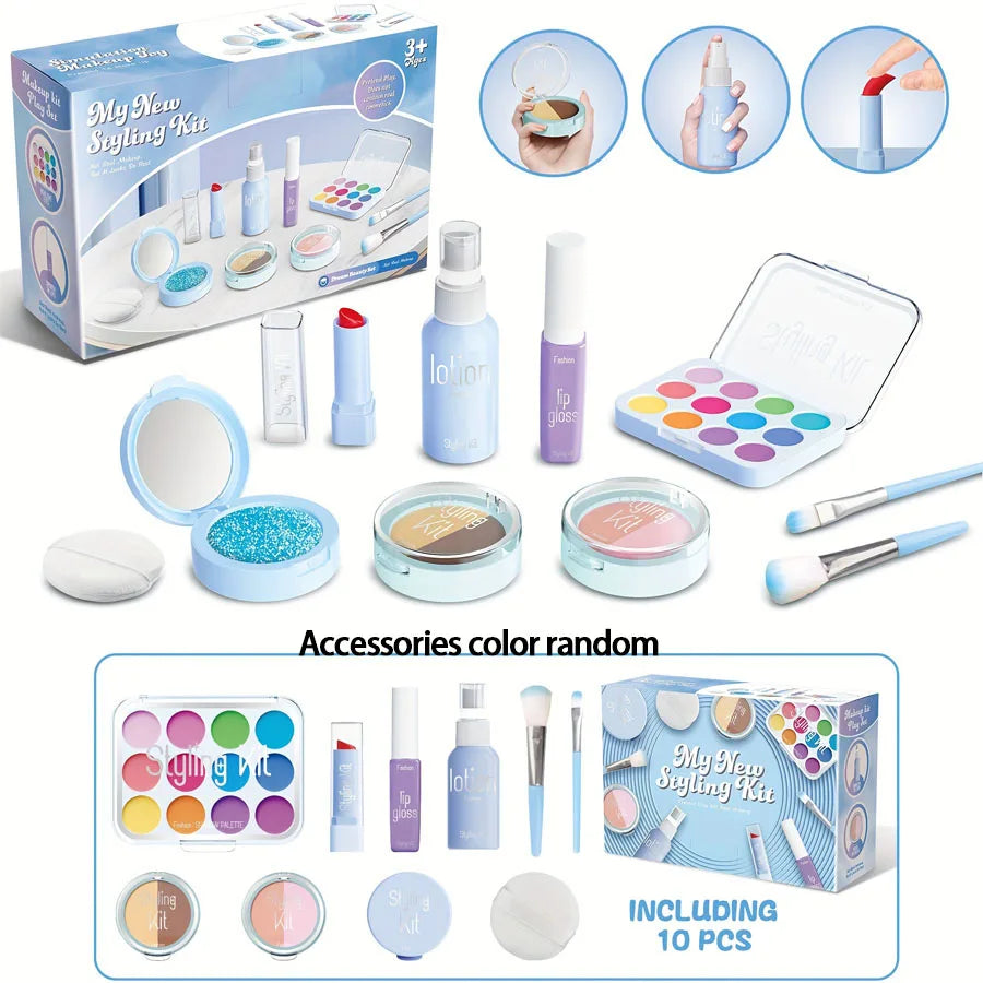 A collection of pretend play makeup kits and accessories including various colored cosmetics and tools for kids