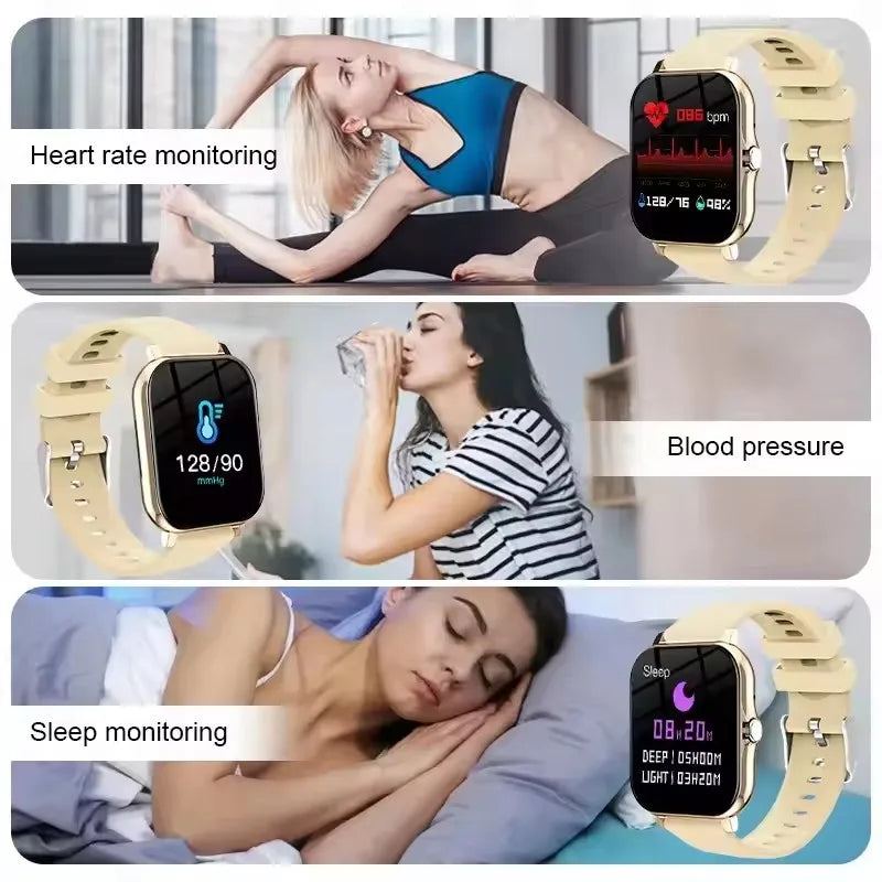 Collage einer Smartwatch, die Herzfrequenz, Blutdruck und Schlaf während verschiedener Aktivitäten überwacht.