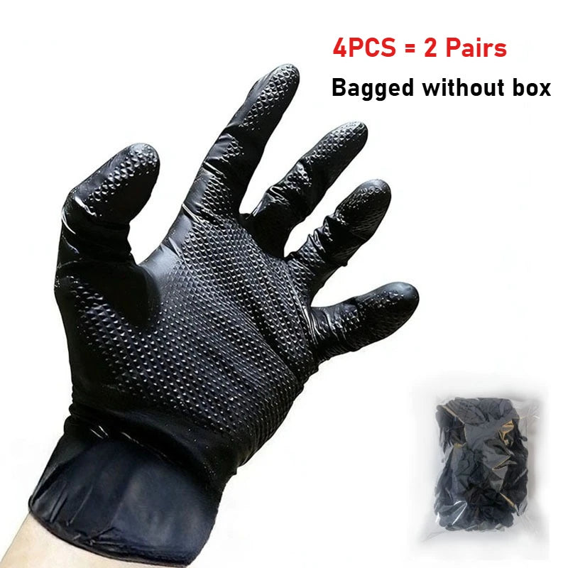 Black heavy-duty disposable nitrile gloves with a diamond texture shown on a hand and packaged without a box