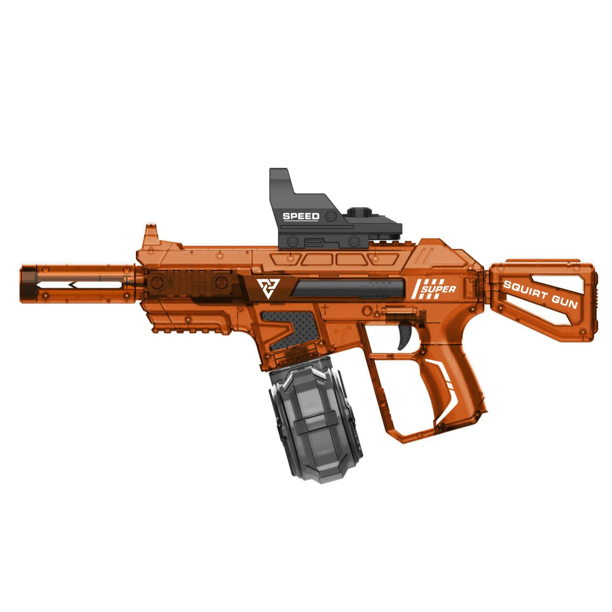 An orange electric water blaster rifle with a realistic muzzle flame effect and a black scope.