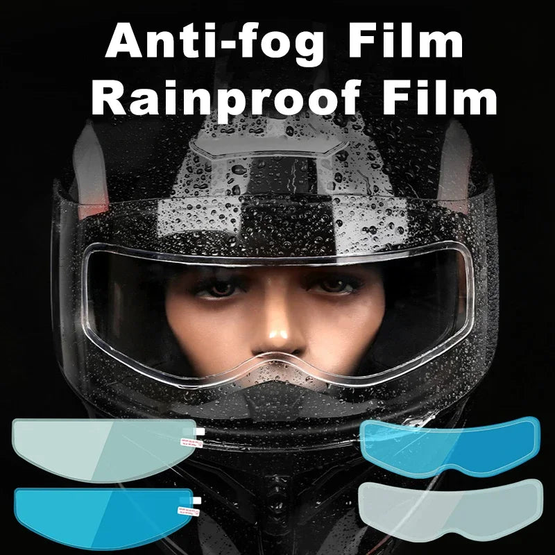 Close-up of a person wearing a motorcycle helmet with anti-fog and rainproof film applied to the visor.