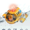 A yellow remote control spray boat is shown splashing water, demonstrating multidirectional driving, waterproof features, spr
