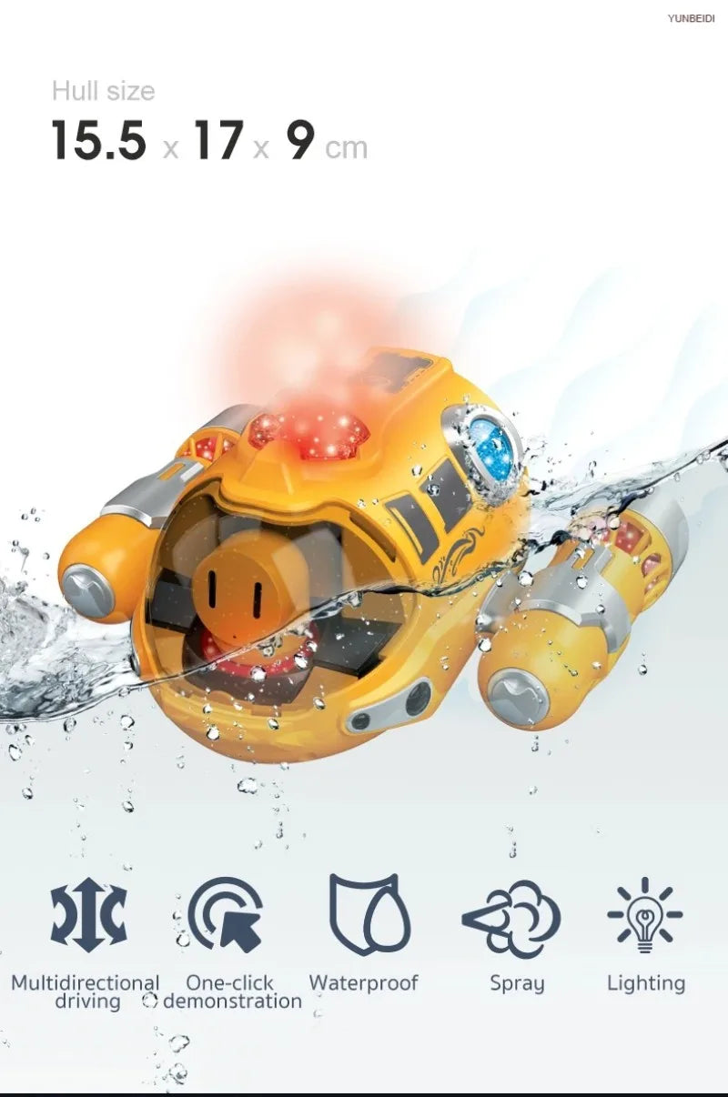 A yellow remote control spray boat is shown splashing water, demonstrating multidirectional driving, waterproof features, spr