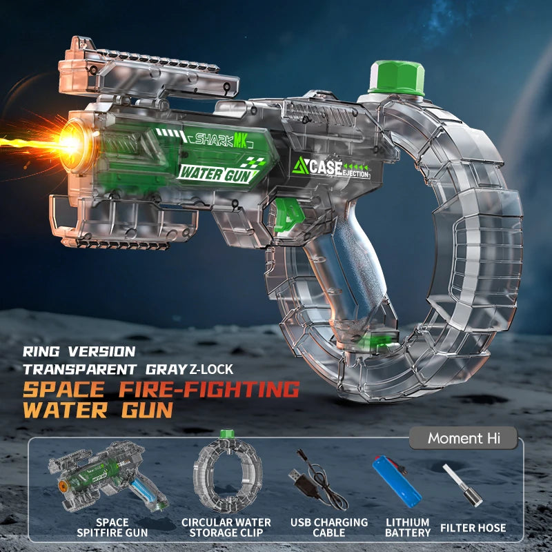 A transparent gray Z-lock ring version of a space fire-fighting water gun with a green body and silver accents.