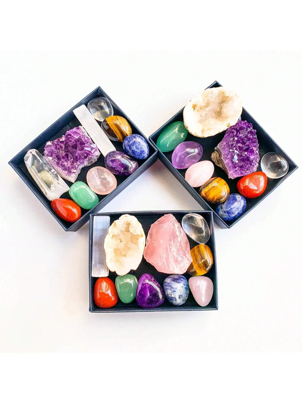 Natural Crystal Chakra Set with Amethyst, Agate, and Selenite