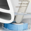 A white toilet brush is shown cleaning inside a pipe, with blue cleaning solution splashing around.