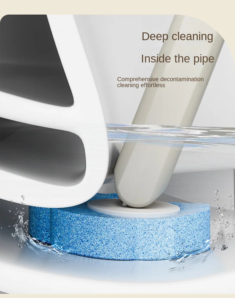 A white toilet brush is shown cleaning inside a pipe, with blue cleaning solution splashing around.