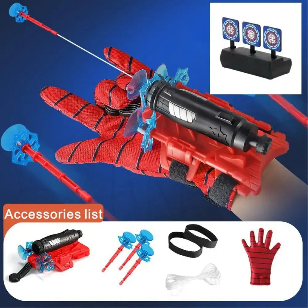 Rote Superhelden-Spinnweben-Shooter und Handschuhe mit Zubehör auf blauem Hintergrund.