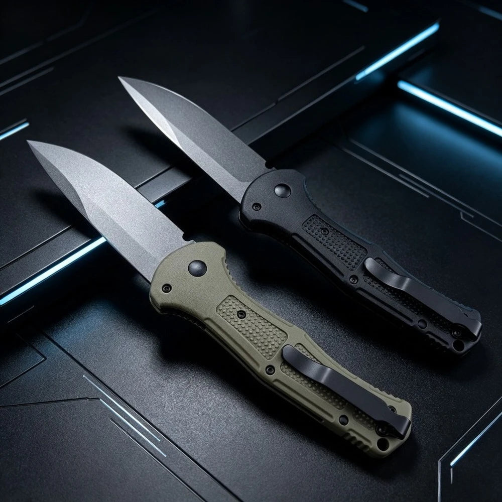 A pair of folding pocket knives with silver blades and olive green handles resting on a dark surface.