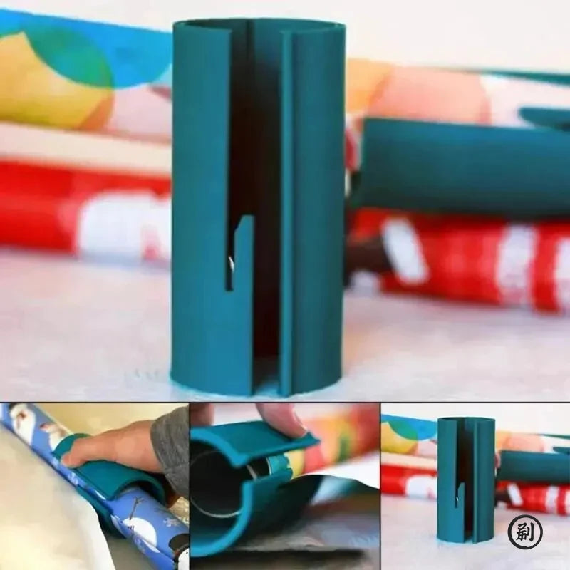 A teal compact safe paper cutter is shown in various angles, demonstrating its function for wrapping and crafts.