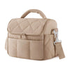 A beige insulated leakproof nylon lunch bag with a quilted design and a strap.