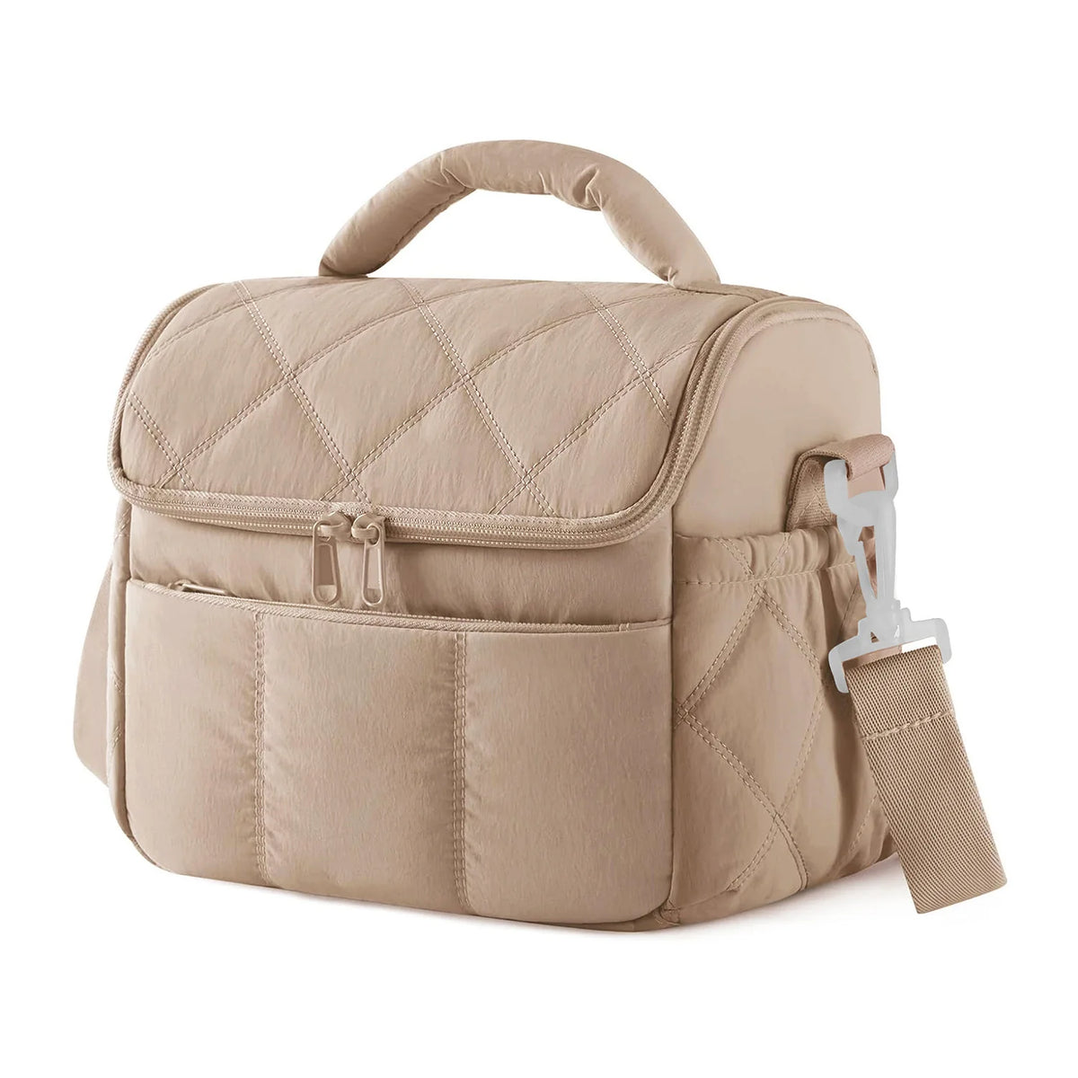 A beige insulated leakproof nylon lunch bag with a quilted design and a strap.