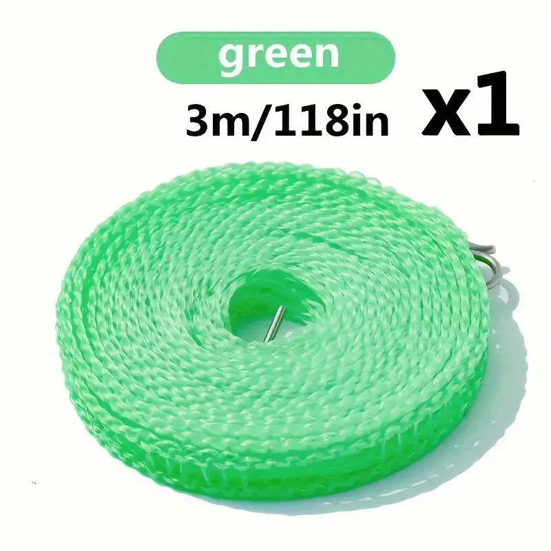 Green portable windproof clothesline 3m/118in roll with one included.