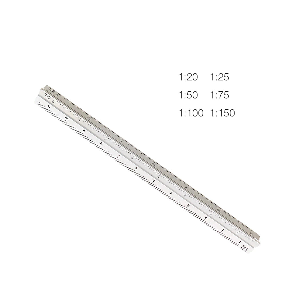 A silver aluminium triangular scale ruler showing various magnification ratios like 1:20, 1:25, 1:50, 1:75, 1:100, and 1:150.
