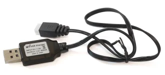 A black USB charger cable connects a device to a power source, used for an RC car receiver parts kit.