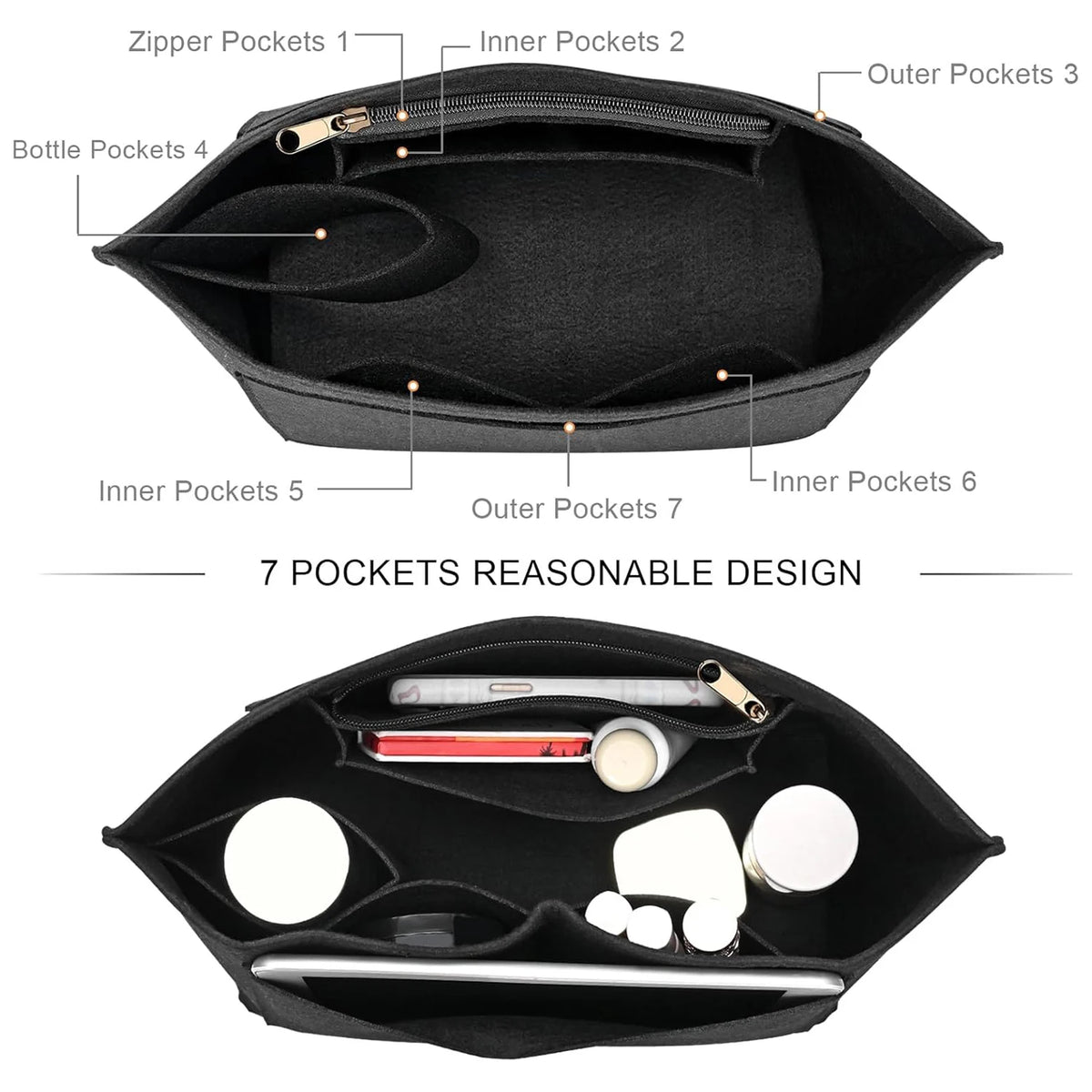 Black felt handbag organizer insert showing seven internal and external pockets for organization