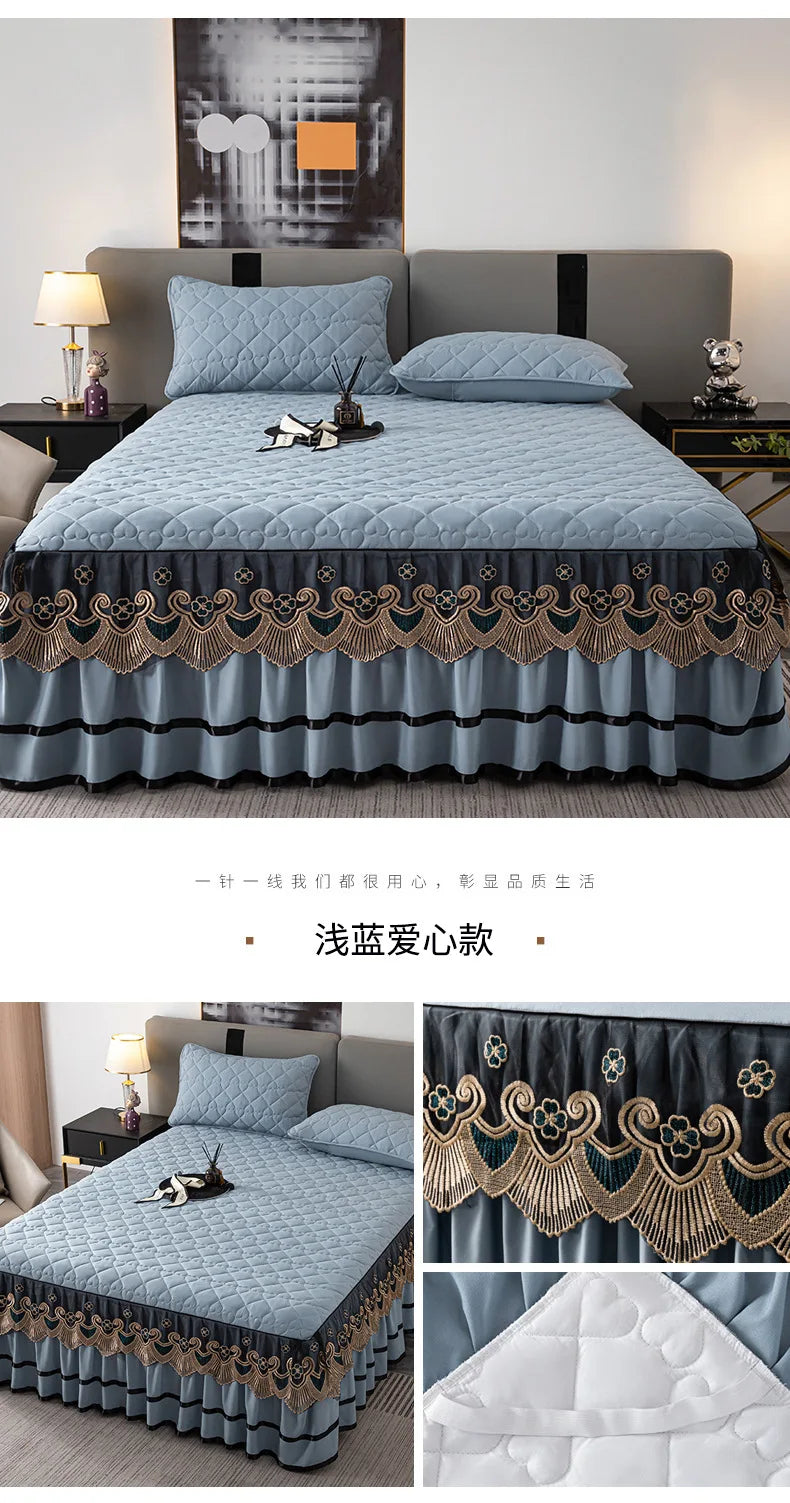 Gold Embroidered Lace Bed Skirt with Heart Pattern