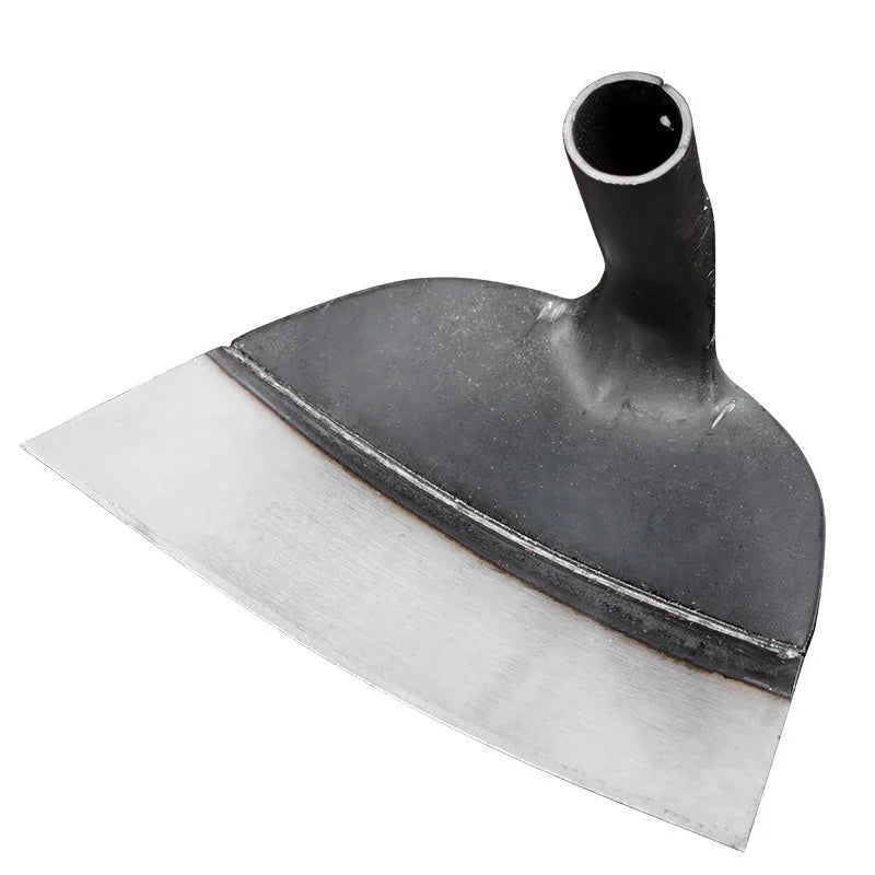 A silver manganese steel garden hoe with a black handle and a wide blade, shown in profile.