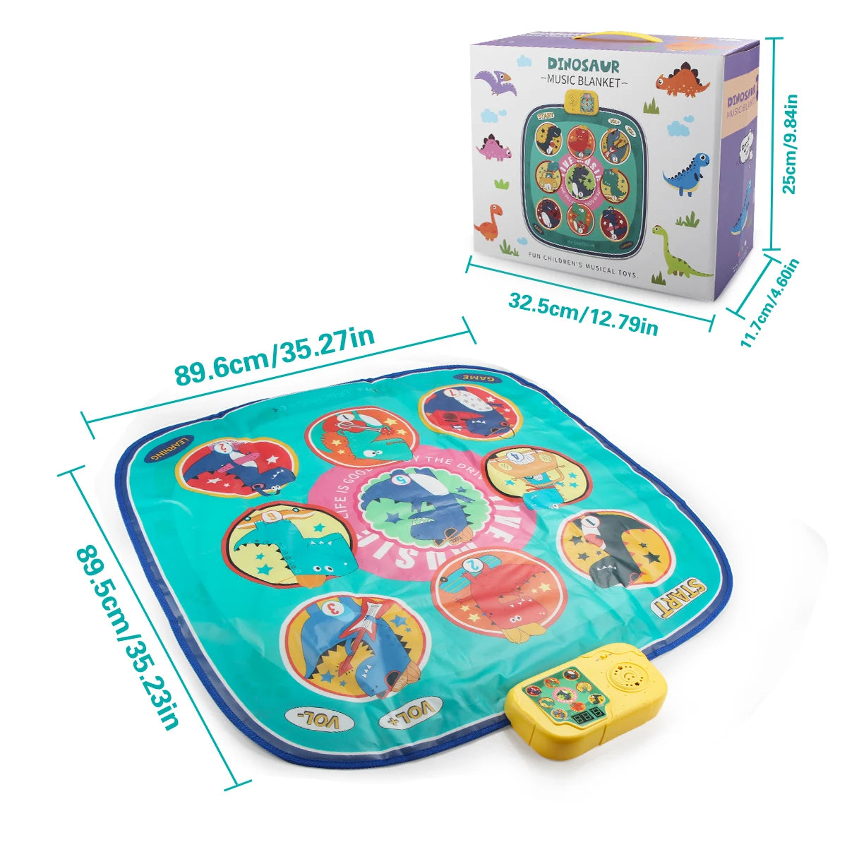 A colorful dinosaur-themed music blanket mat with lights and a yellow controller for kids
