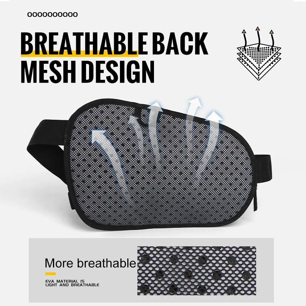 Black breathable mesh design of a sports fanny pack with adjustable straps and bottle holder
