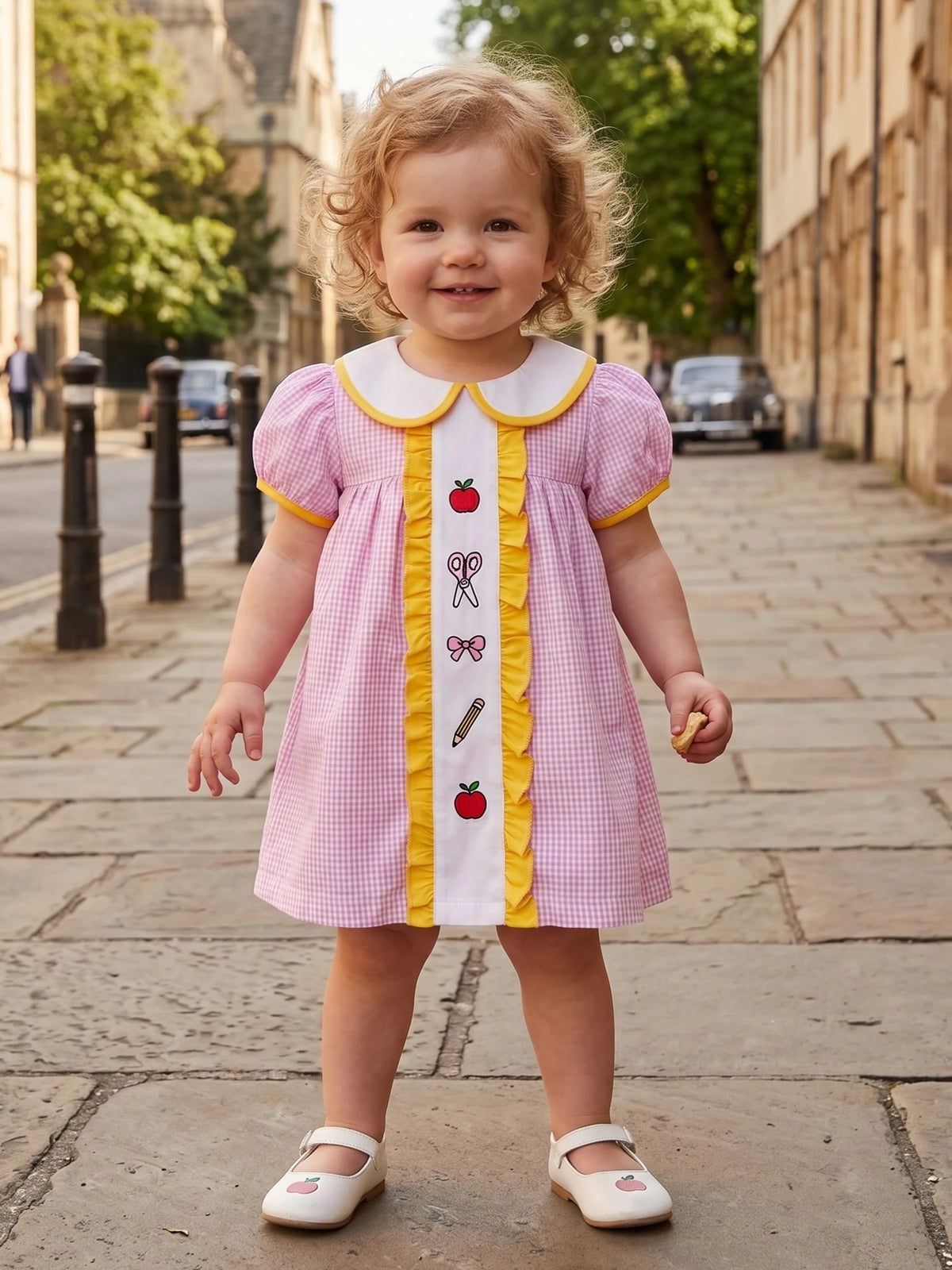Girls Embroidered Plaid A-Line Dress with Peter Pan Collar