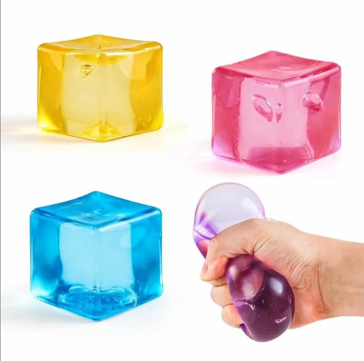 Three translucent colored ice cubes, yellow, pink, and blue, are shown next to a hand holding a purple cube.